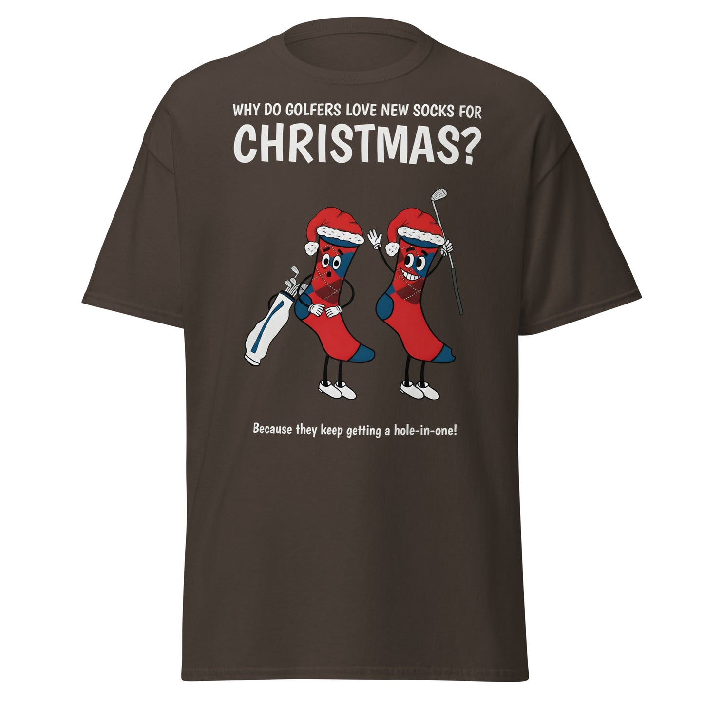 Golfers Love New Socks Christmas T-Shirt | Funny Golf Pun - Dark Chocolate - T-Shirts Online