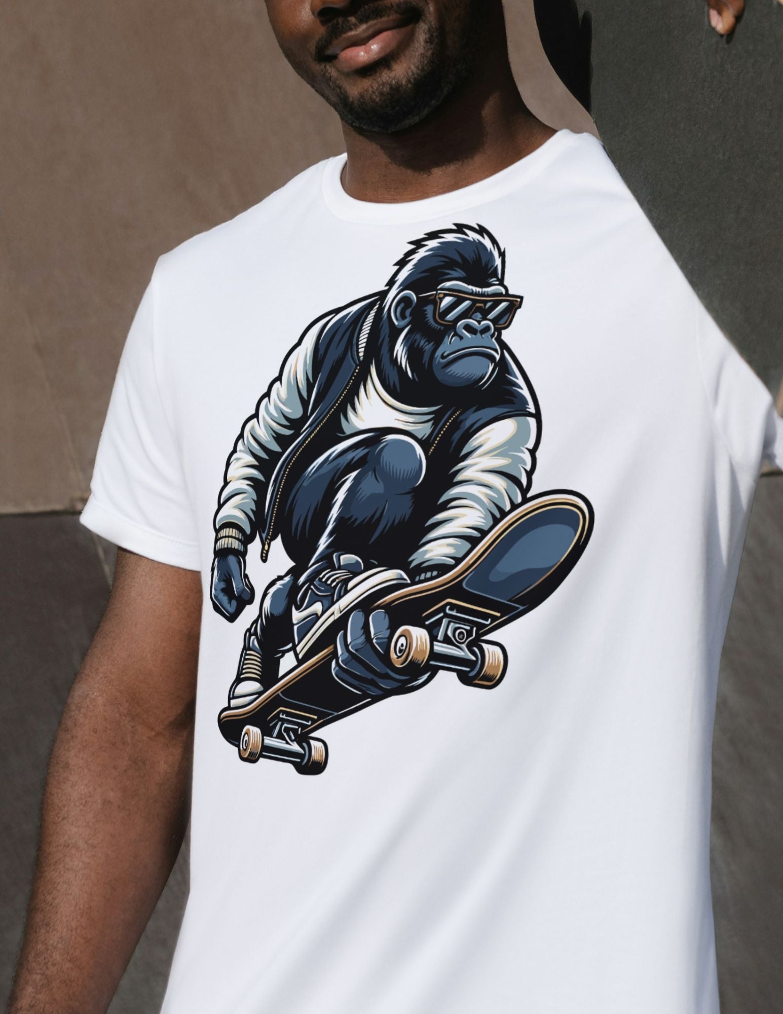 T-shirt featuring a cool gorilla riding a skateboard in streetwear style