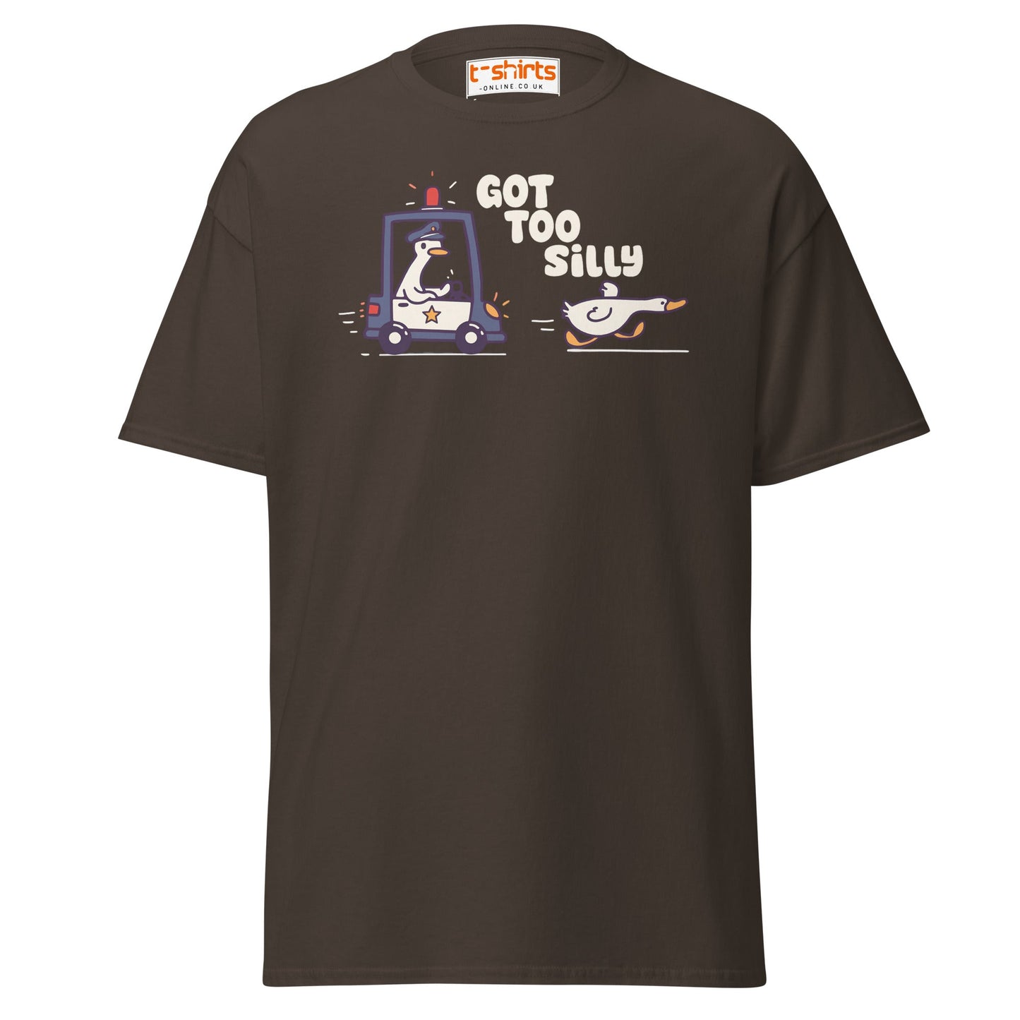 Got Too Silly T-Shirt – Funny Goose Police Chase Tee - Dark Chocolate - T-Shirts Online