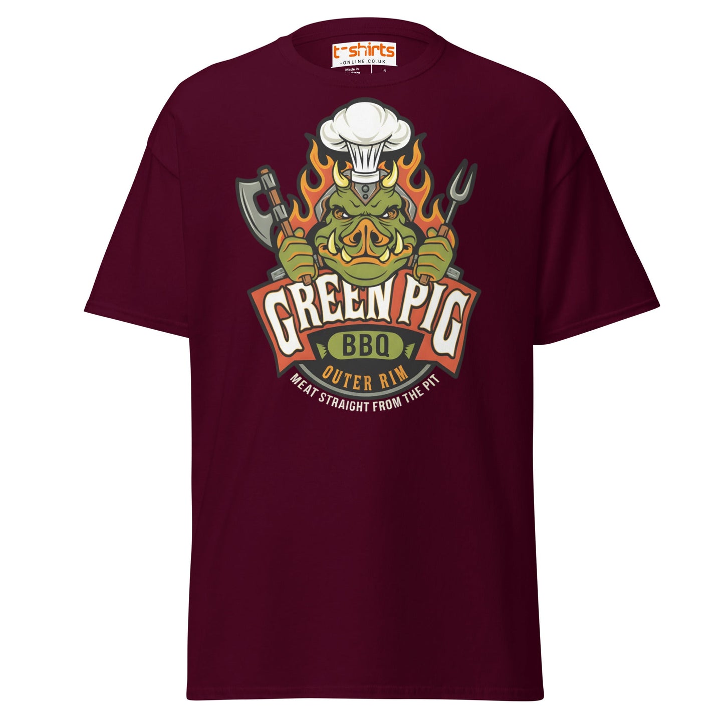 Green Pig BBQ T-Shirt - Vintage Smoke & Sauce Tee - Maroon - T-Shirts Online