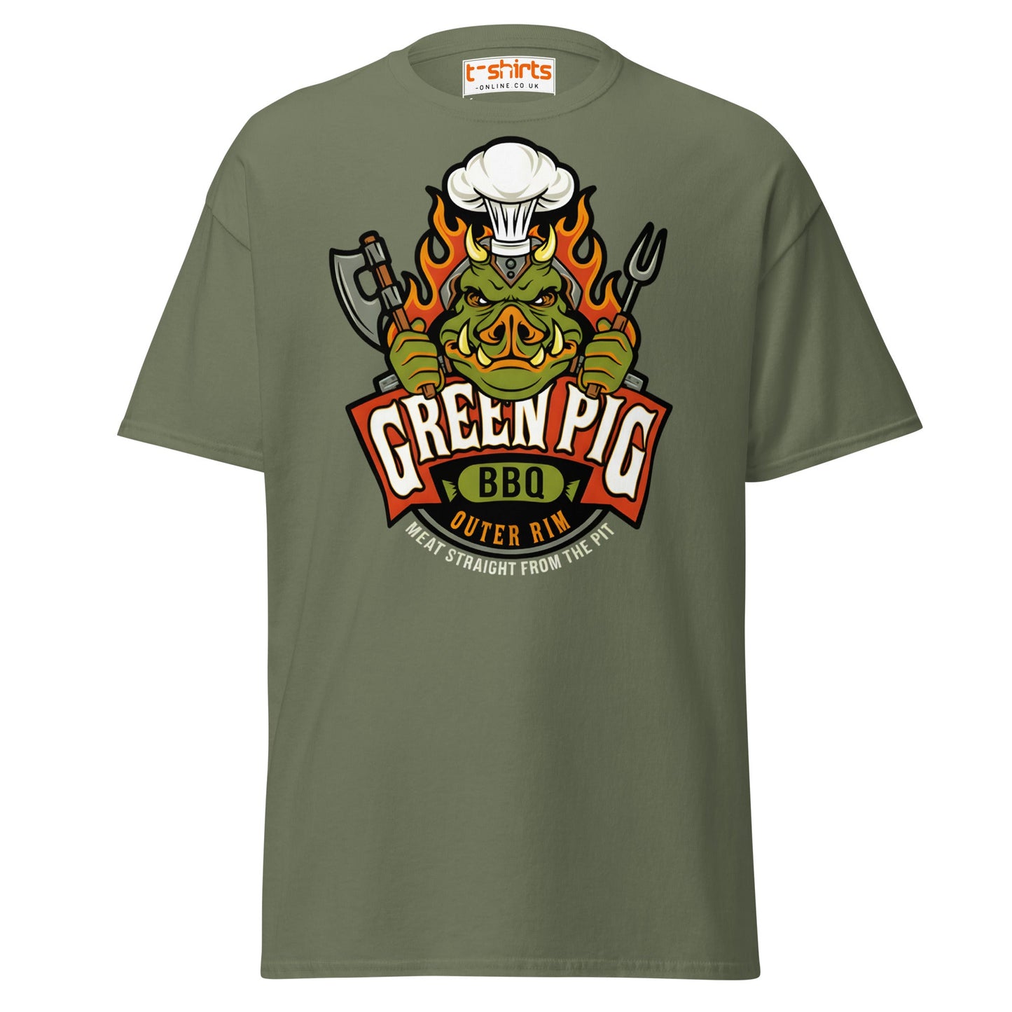 Green Pig BBQ T-Shirt - Vintage Smoke & Sauce Tee - Military Green - T-Shirts Online