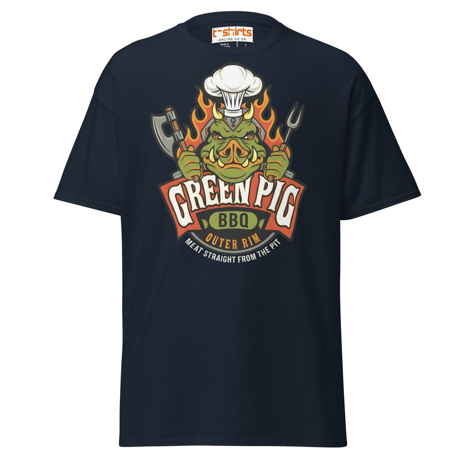 Green Pig BBQ T-Shirt - Vintage Smoke & Sauce Tee - Navy - T-Shirts Online