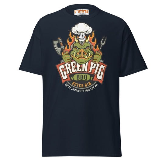 Green Pig BBQ T-Shirt - Vintage Smoke & Sauce Tee - Navy - T-Shirts Online