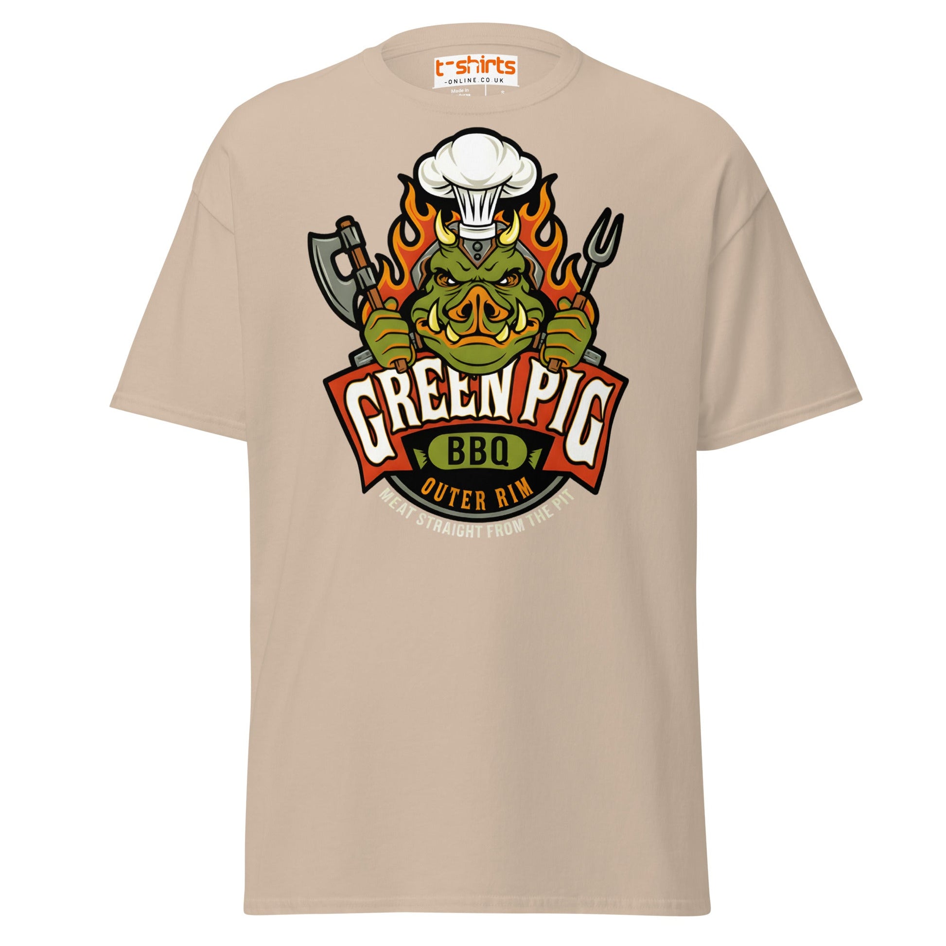 Green Pig BBQ T-Shirt - Vintage Smoke & Sauce Tee - Sand - T-Shirts Online