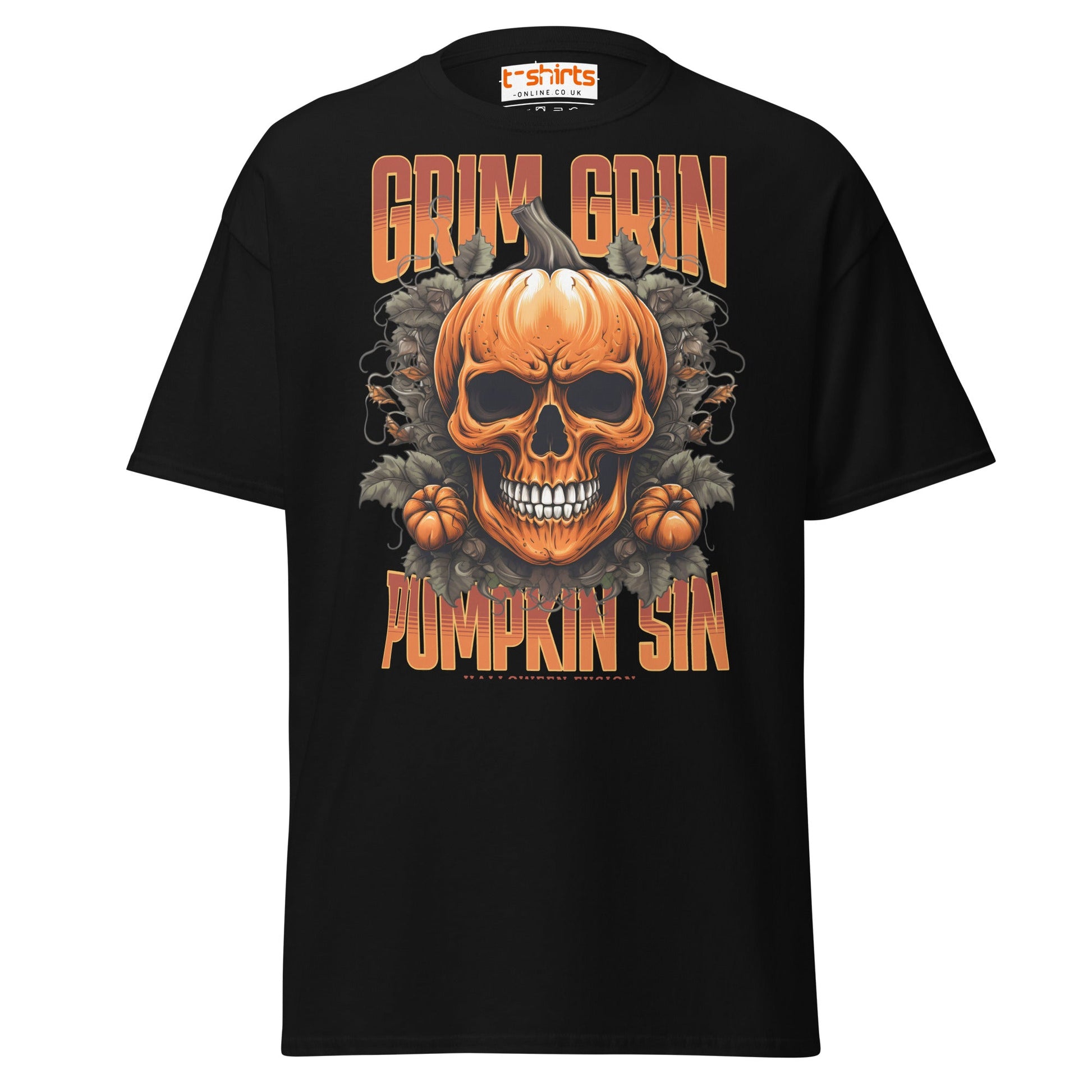 Grim Grin Pumpkin Sin Halloween Skull T-Shirt - Black - T-Shirts Online