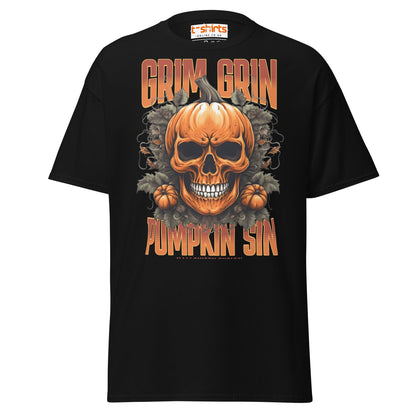 Grim Grin Pumpkin Sin Halloween Skull T-Shirt - Black - T-Shirts Online