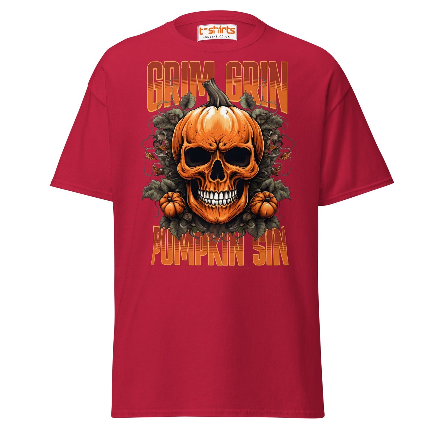 Grim Grin Pumpkin Sin Halloween Skull T-Shirt - Cardinal - T-Shirts Online