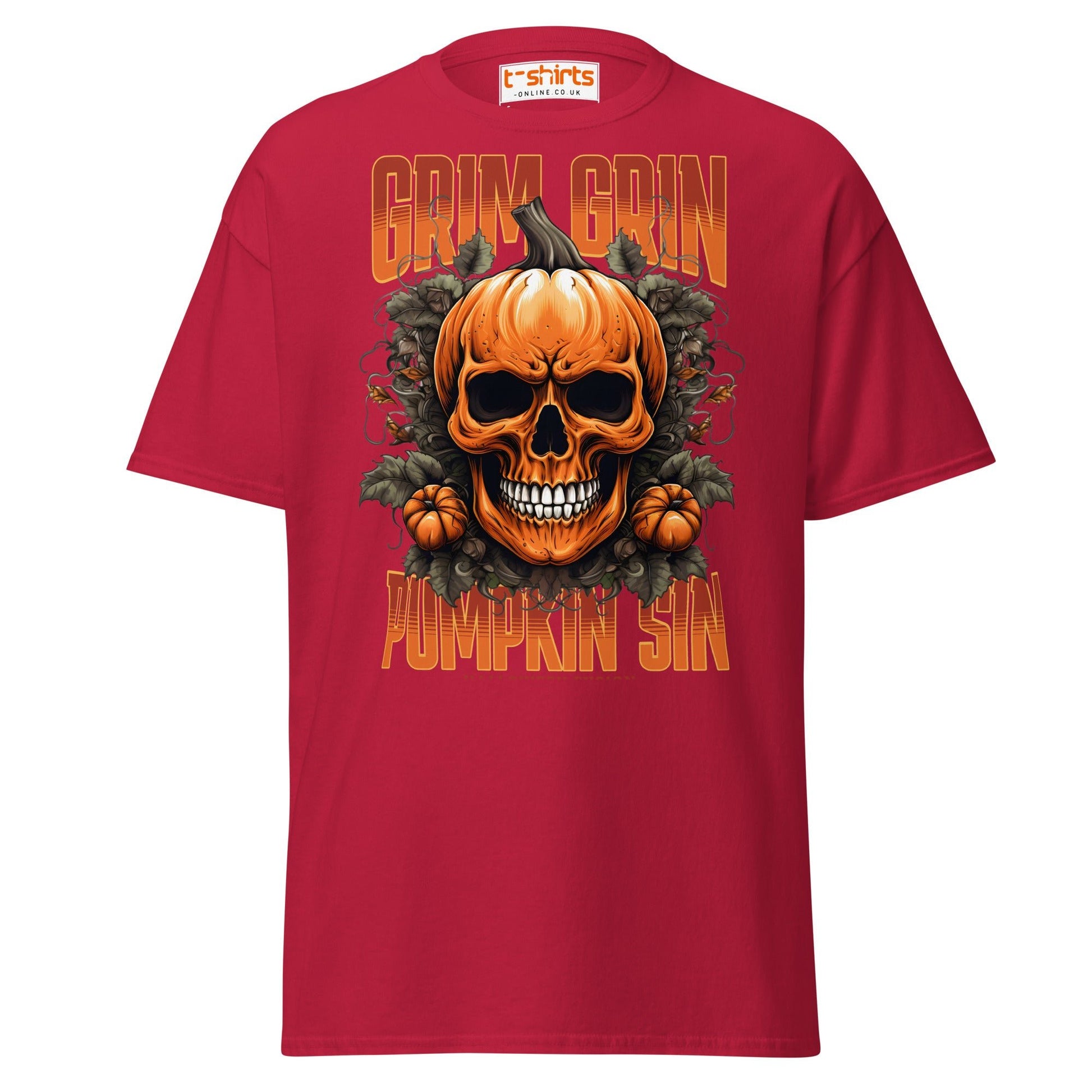 Grim Grin Pumpkin Sin Halloween Skull T-Shirt - Cardinal - T-Shirts Online