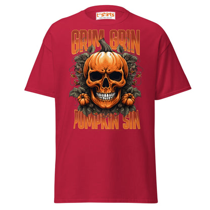 Grim Grin Pumpkin Sin Halloween Skull T-Shirt - Cardinal - T-Shirts Online