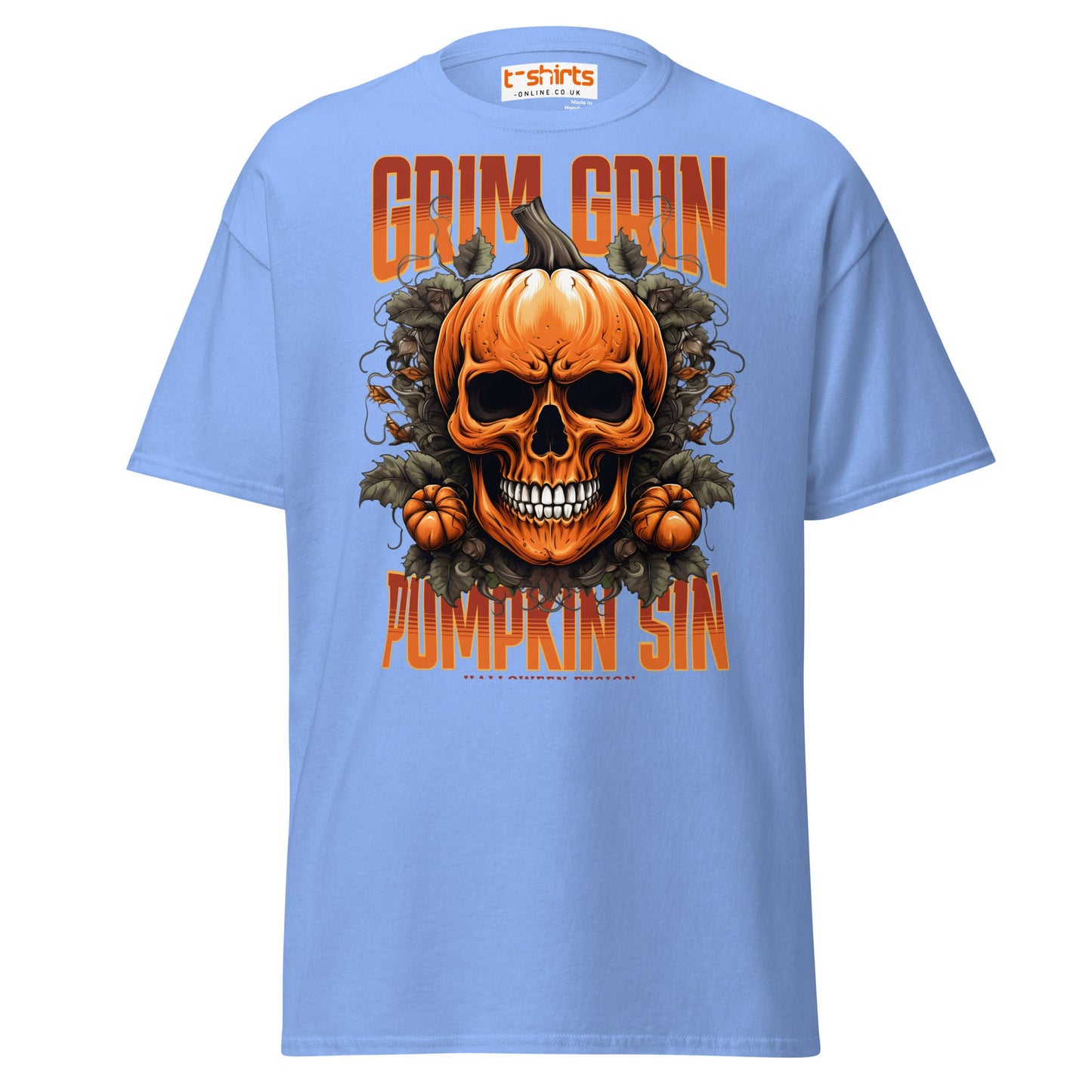 Grim Grin Pumpkin Sin Halloween Skull T-Shirt - Carolina Blue - T-Shirts Online