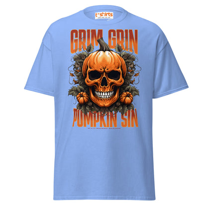 Grim Grin Pumpkin Sin Halloween Skull T-Shirt - Carolina Blue - T-Shirts Online