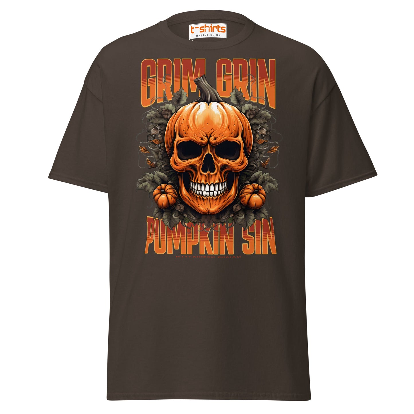 Grim Grin Pumpkin Sin Halloween Skull T-Shirt - Dark Chocolate - T-Shirts Online