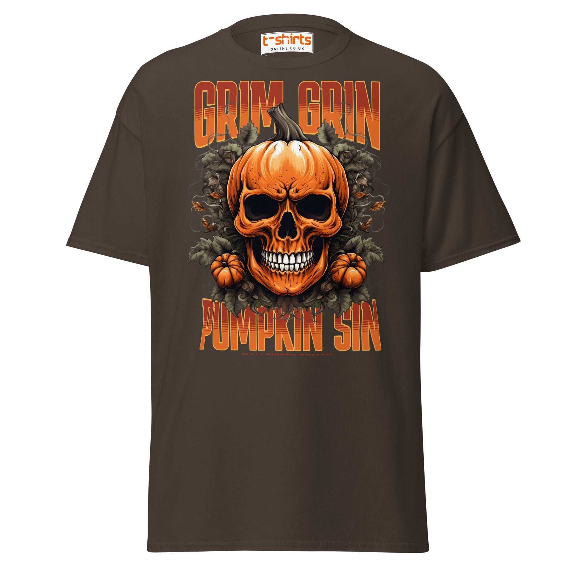 Grim Grin Pumpkin Sin Halloween Skull T-Shirt - Dark Chocolate - T-Shirts Online