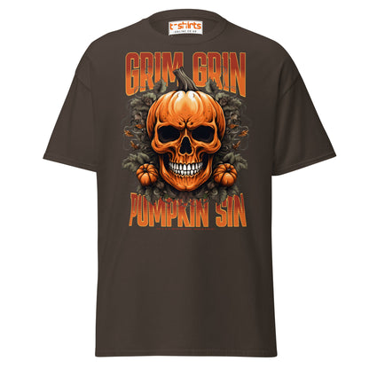 Grim Grin Pumpkin Sin Halloween Skull T-Shirt - Dark Chocolate - T-Shirts Online