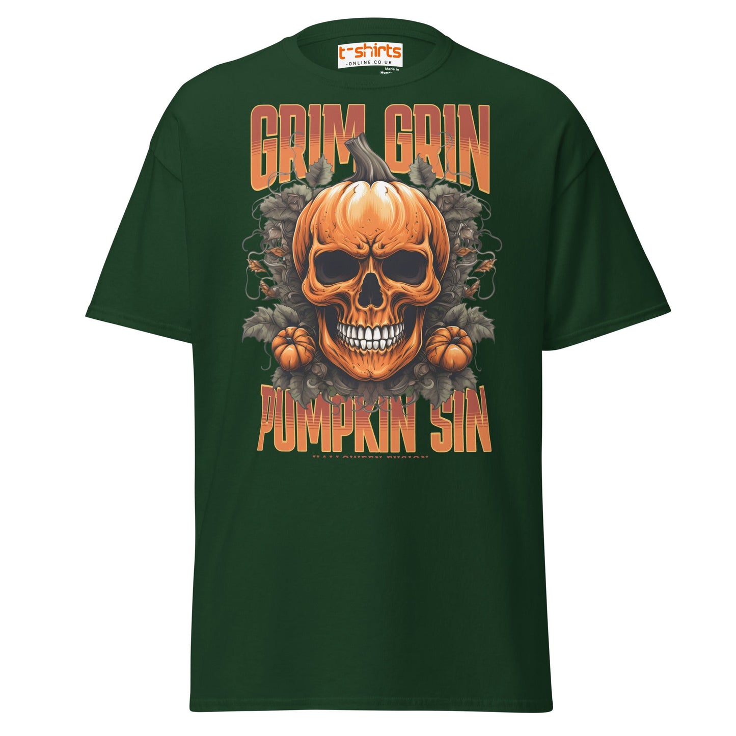 Grim Grin Pumpkin Sin Halloween Skull T-Shirt - Forest Green - T-Shirts Online