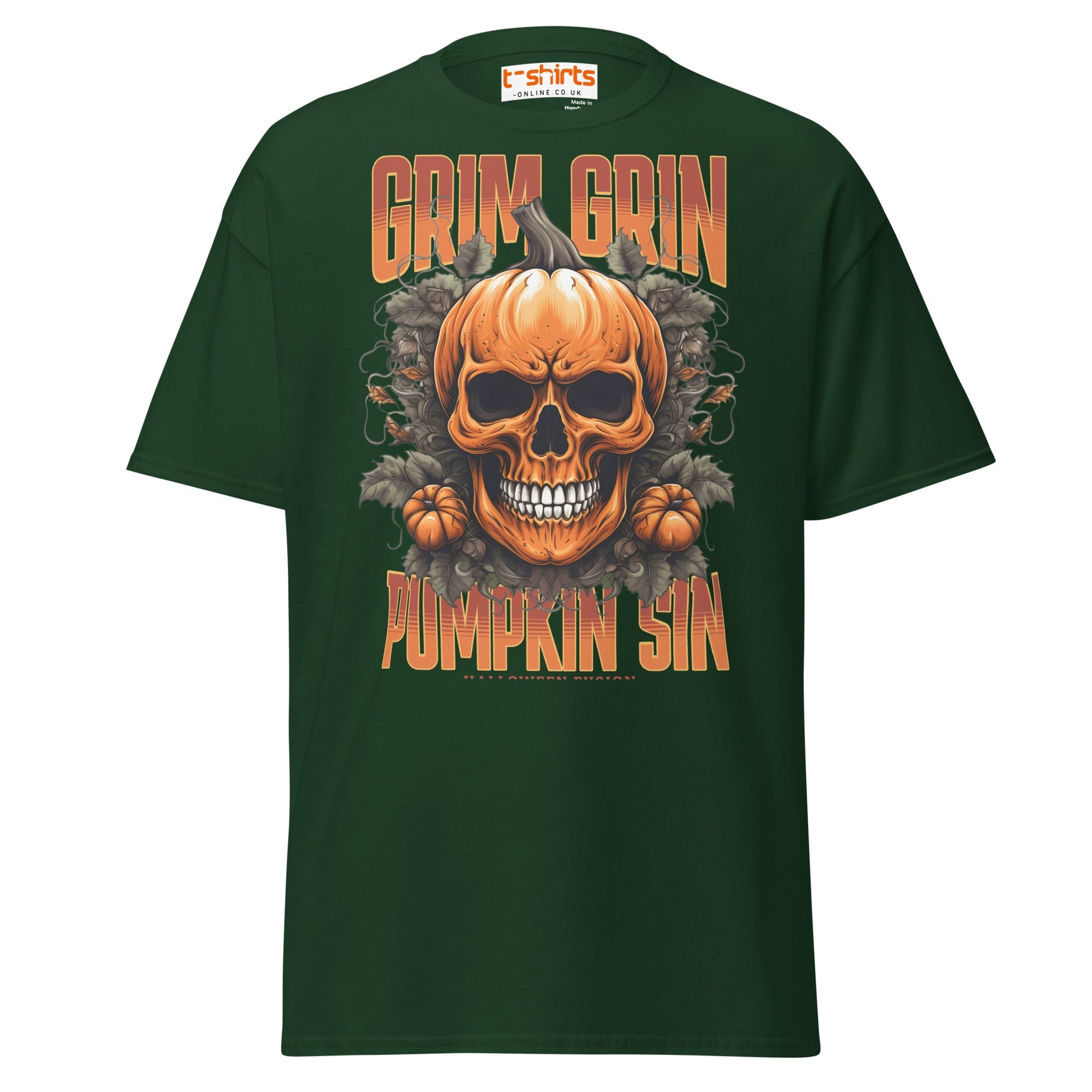 Grim Grin Pumpkin Sin Halloween Skull T-Shirt - Forest Green - T-Shirts Online
