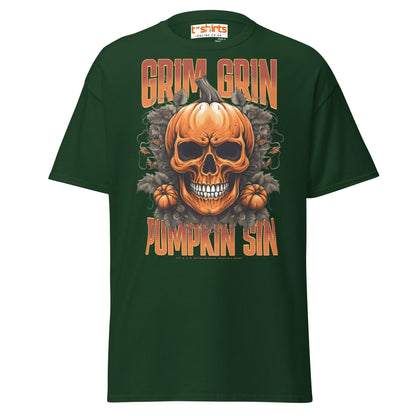 Grim Grin Pumpkin Sin Halloween Skull T-Shirt - Forest Green - T-Shirts Online