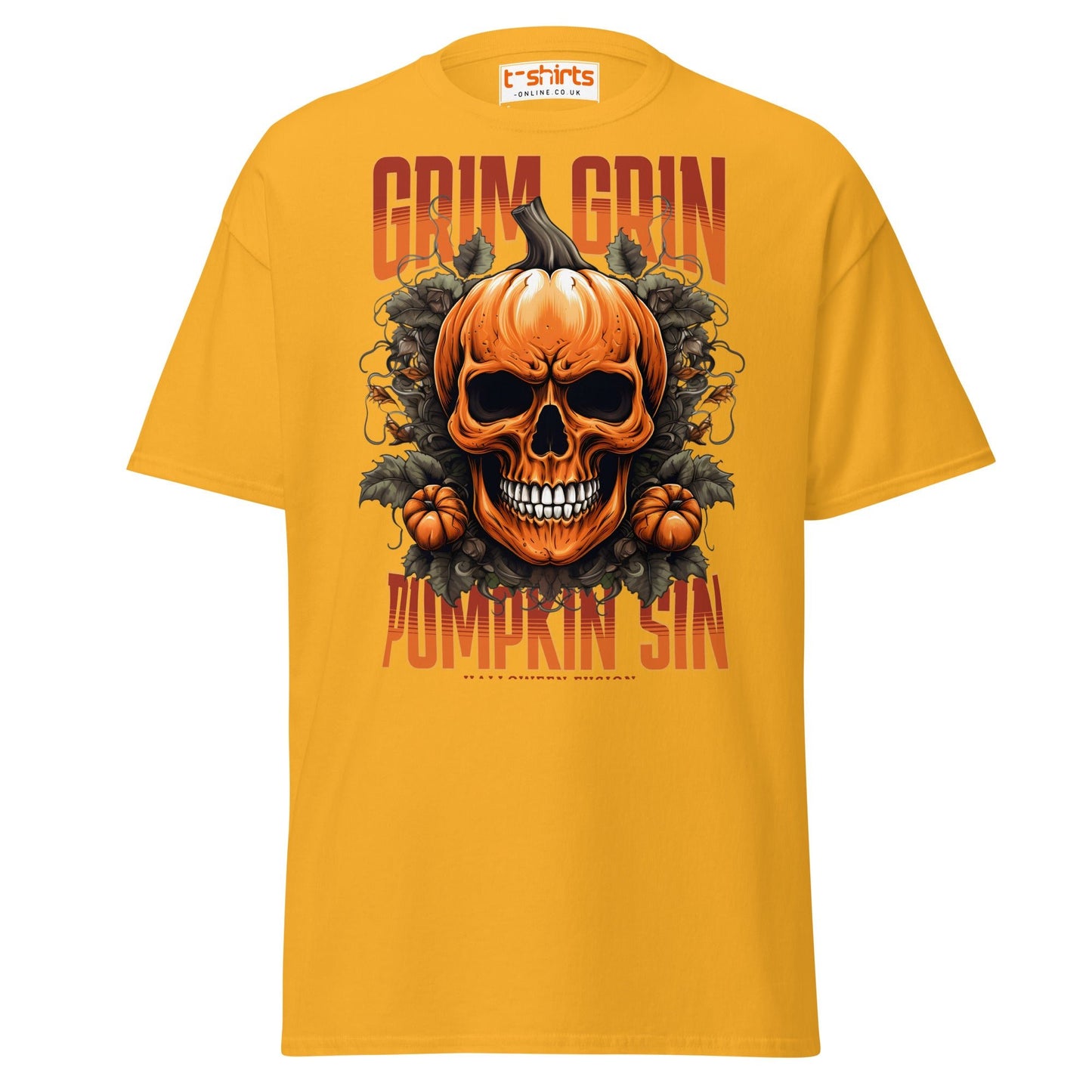 Grim Grin Pumpkin Sin Halloween Skull T-Shirt - Gold - T-Shirts Online
