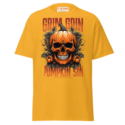 Grim Grin Pumpkin Sin Halloween Skull T-Shirt - Gold - T-Shirts Online