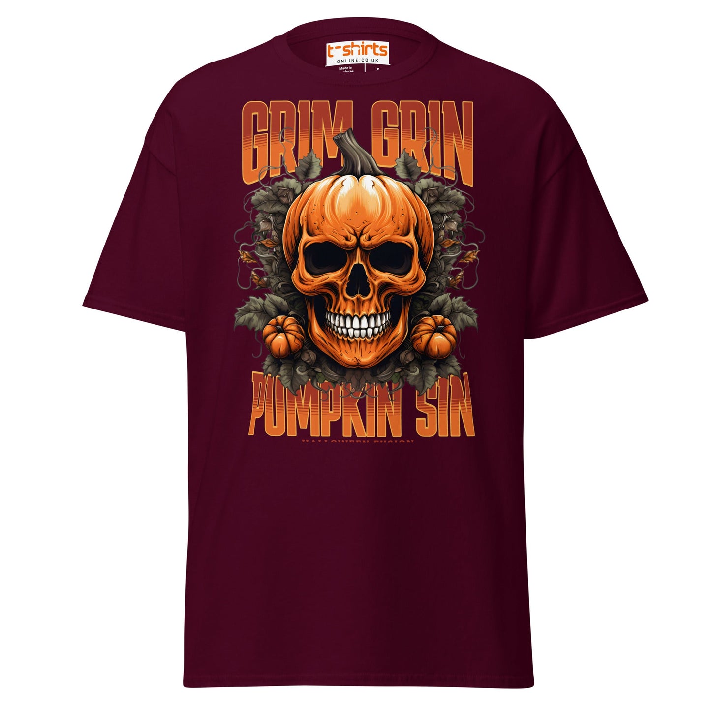 Grim Grin Pumpkin Sin Halloween Skull T-Shirt - Maroon - T-Shirts Online