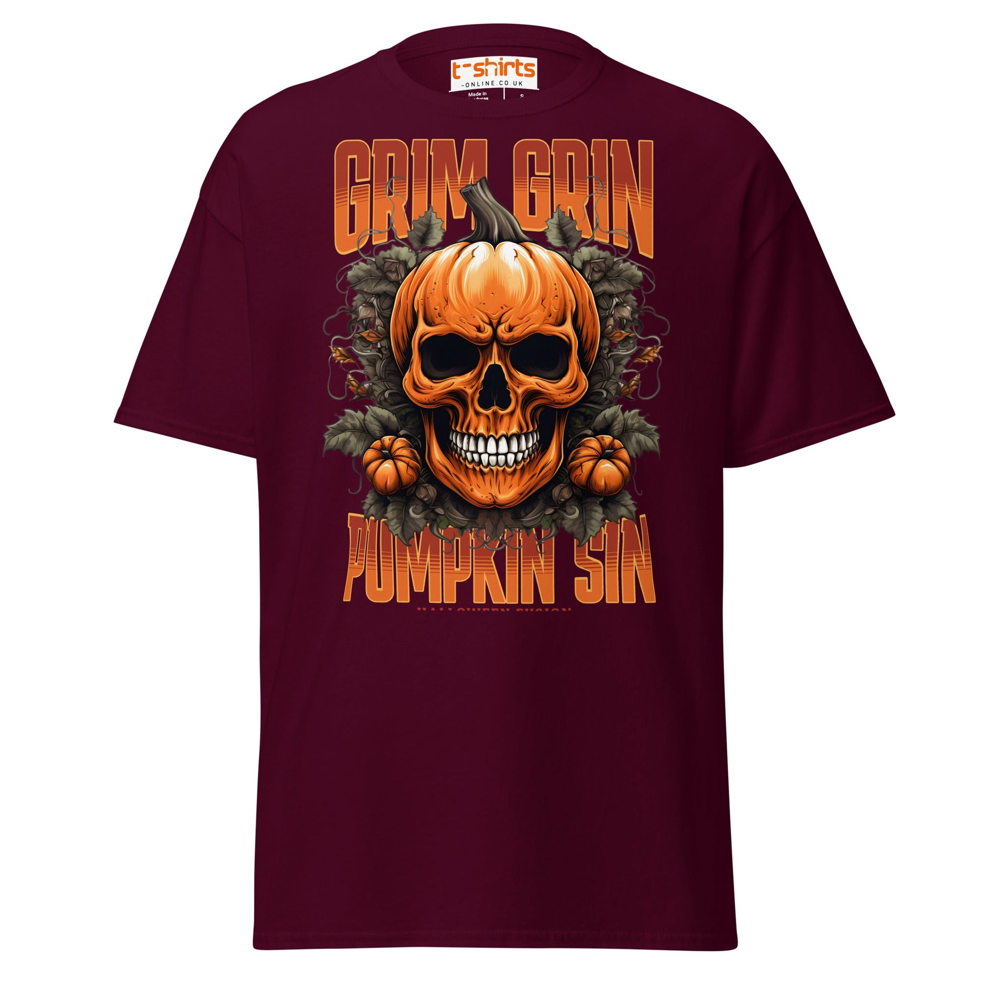 Grim Grin Pumpkin Sin Halloween Skull T-Shirt - Maroon - T-Shirts Online