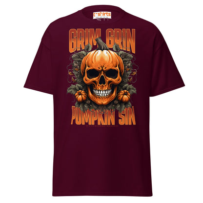 Grim Grin Pumpkin Sin Halloween Skull T-Shirt - Maroon - T-Shirts Online