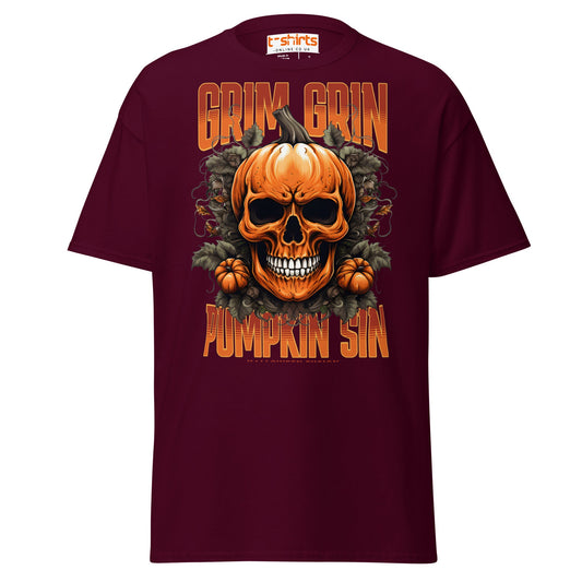 Grim Grin Pumpkin Sin Halloween Skull T-Shirt - Maroon - T-Shirts Online