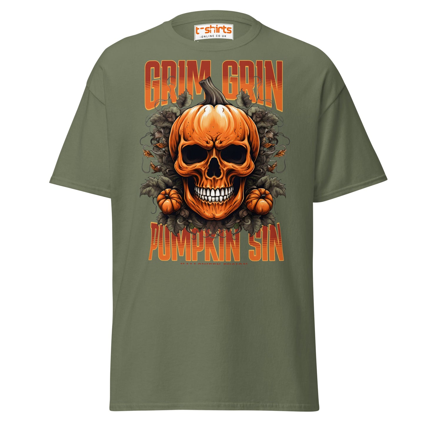 Grim Grin Pumpkin Sin Halloween Skull T-Shirt - Military Green - T-Shirts Online