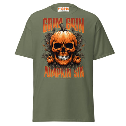 Grim Grin Pumpkin Sin Halloween Skull T-Shirt - Military Green - T-Shirts Online