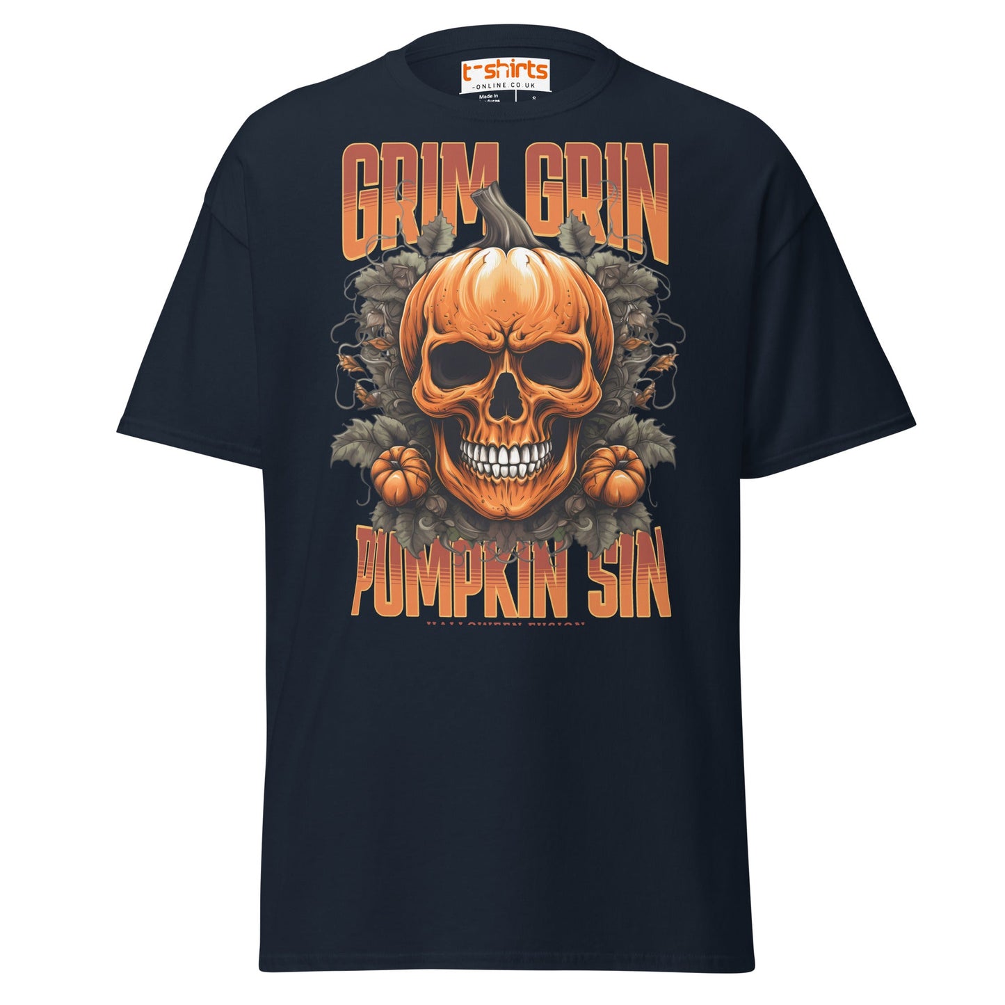 Grim Grin Pumpkin Sin Halloween Skull T-Shirt - Navy - T-Shirts Online