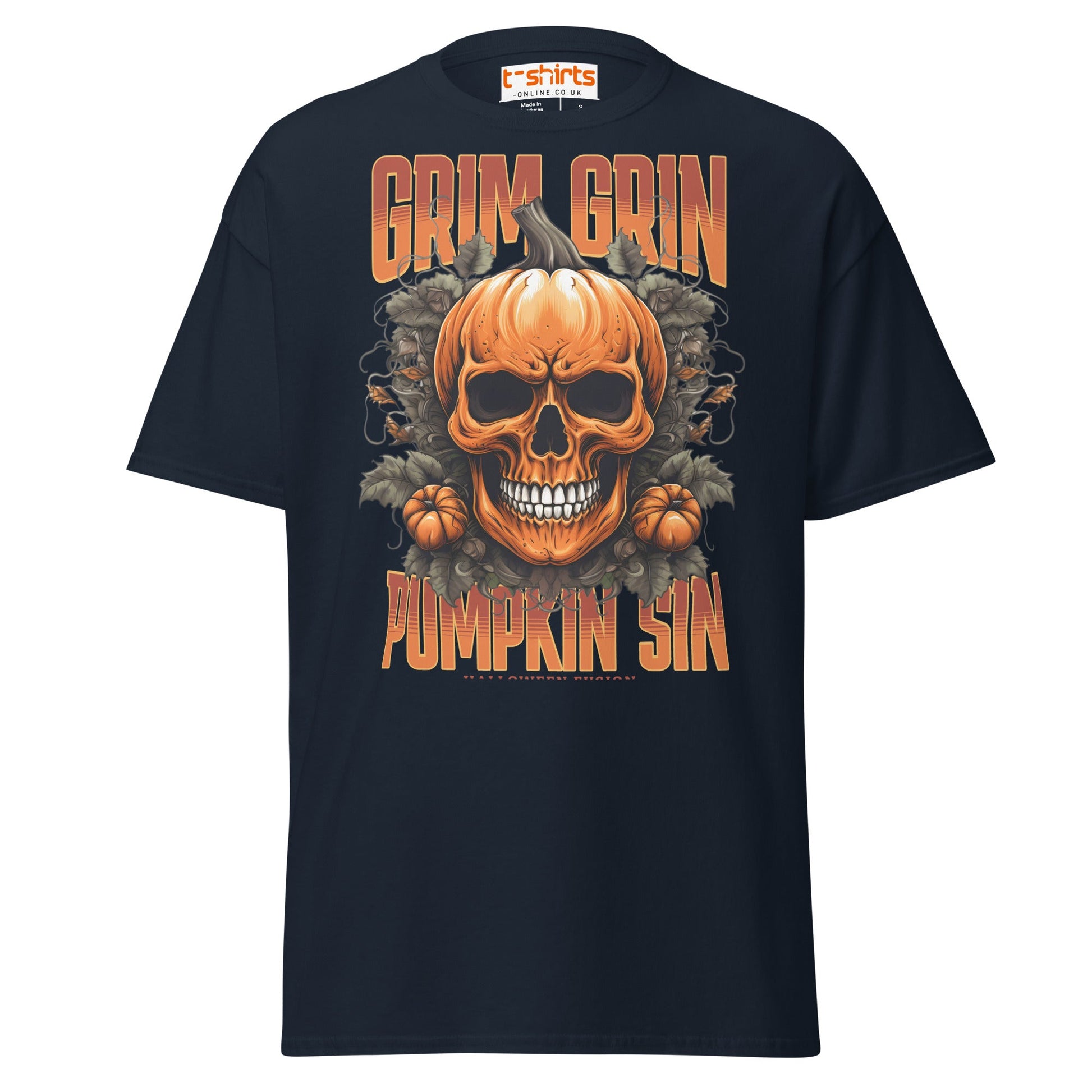 Grim Grin Pumpkin Sin Halloween Skull T-Shirt - Navy - T-Shirts Online