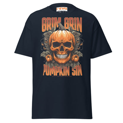 Grim Grin Pumpkin Sin Halloween Skull T-Shirt - Navy - T-Shirts Online