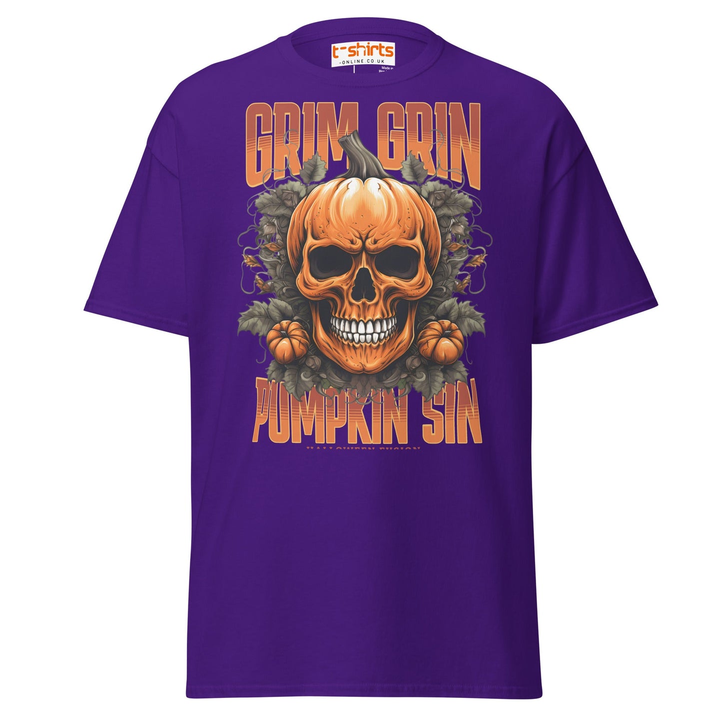 Grim Grin Pumpkin Sin Halloween Skull T-Shirt - Purple - T-Shirts Online