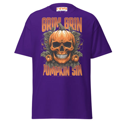 Grim Grin Pumpkin Sin Halloween Skull T-Shirt - Purple - T-Shirts Online
