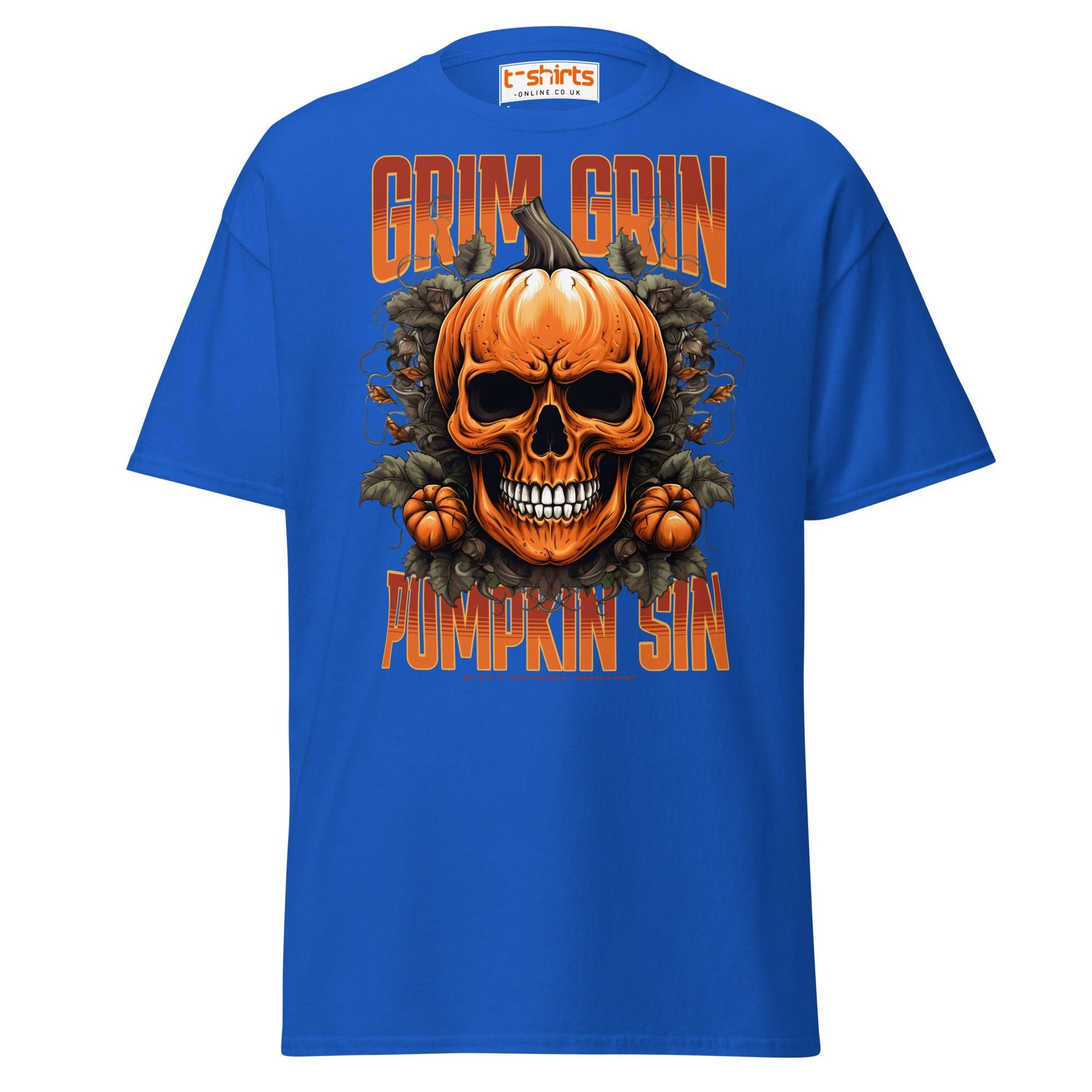 Grim Grin Pumpkin Sin Halloween Skull T-Shirt - Royal - T-Shirts Online