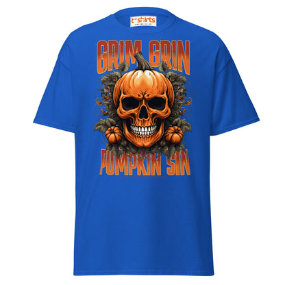 Grim Grin Pumpkin Sin Halloween Skull T-Shirt - Royal - T-Shirts Online