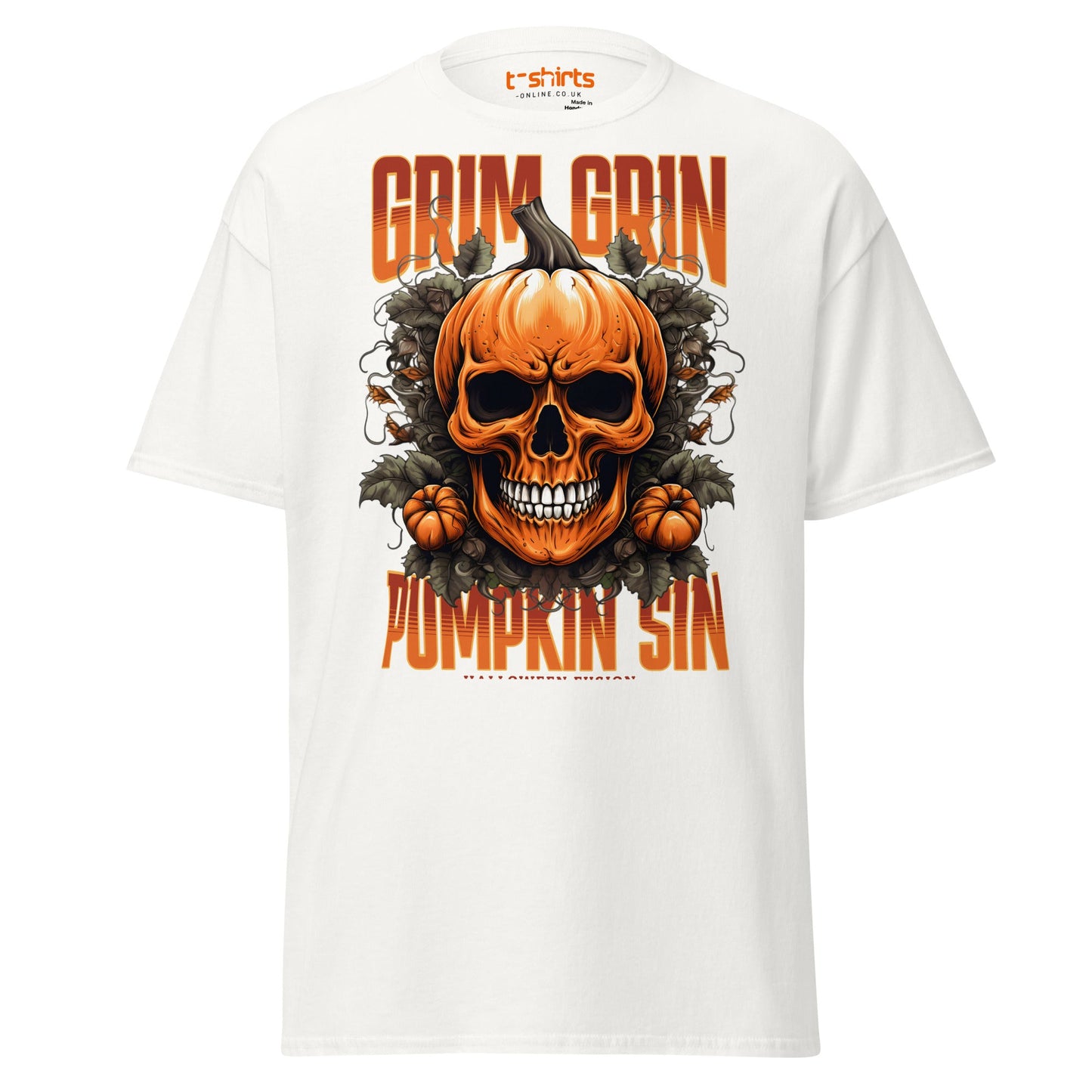 Grim Grin Pumpkin Sin Halloween Skull T-Shirt - White - T-Shirts Online