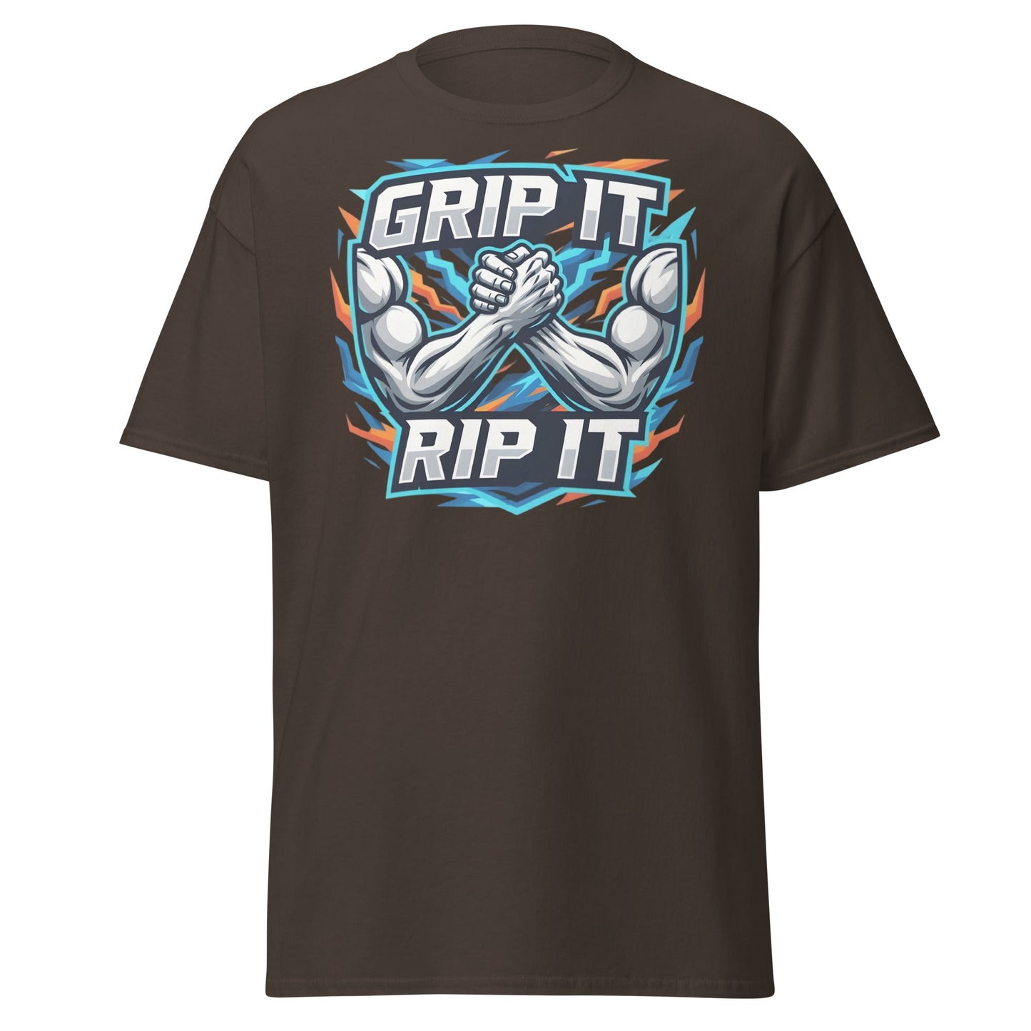 Grip It Rip It Arm Wrestling T-Shirt - Fitness Graphic Tee - Dark Chocolate - T-Shirts Online