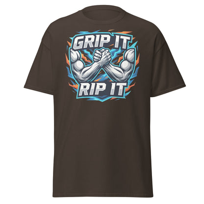 Grip It Rip It Arm Wrestling T-Shirt - Fitness Graphic Tee - Dark Chocolate - T-Shirts Online