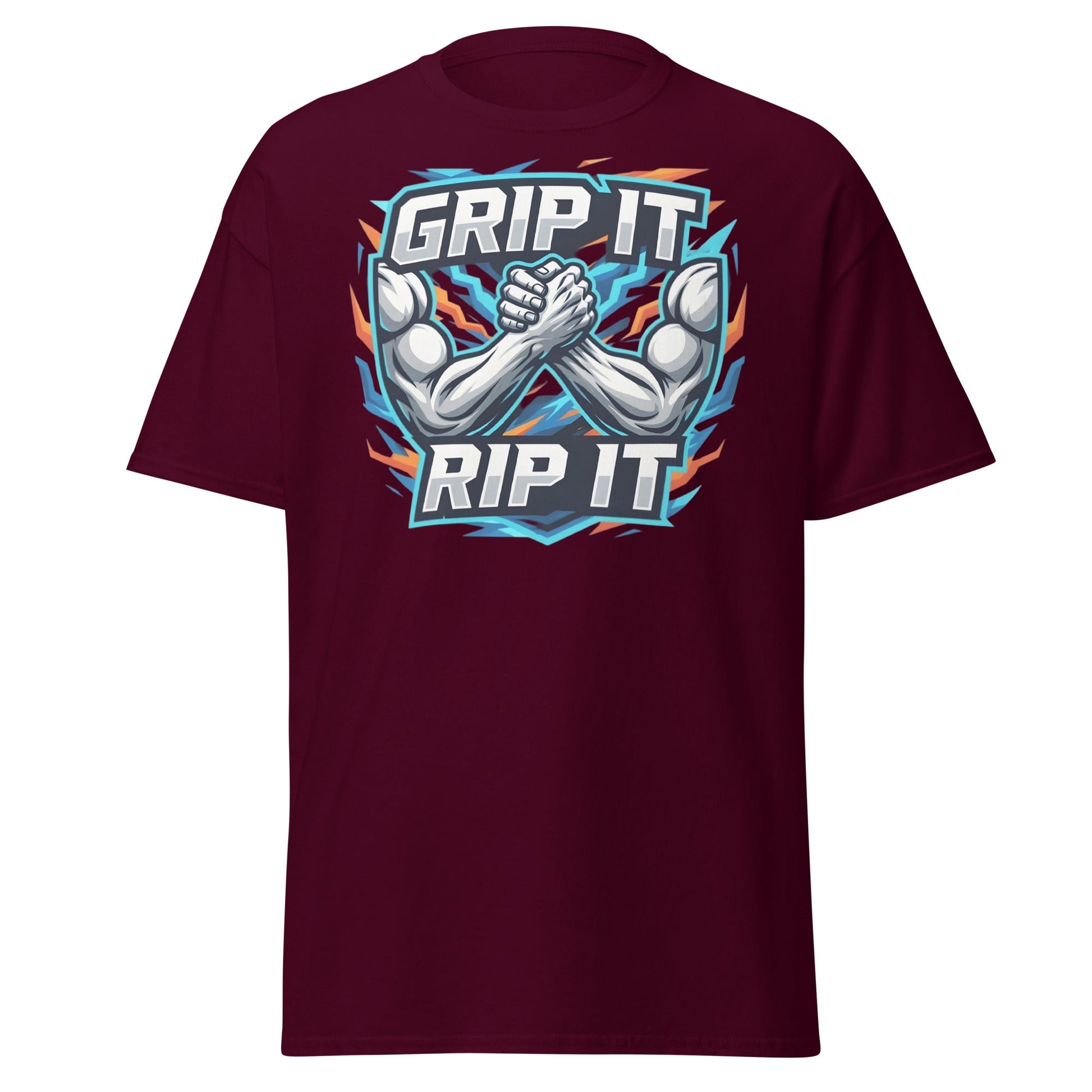 Grip It Rip It Arm Wrestling T-Shirt - Fitness Graphic Tee - Maroon - T-Shirts Online