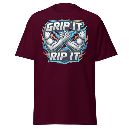 Grip It Rip It Arm Wrestling T-Shirt - Fitness Graphic Tee - Maroon - T-Shirts Online