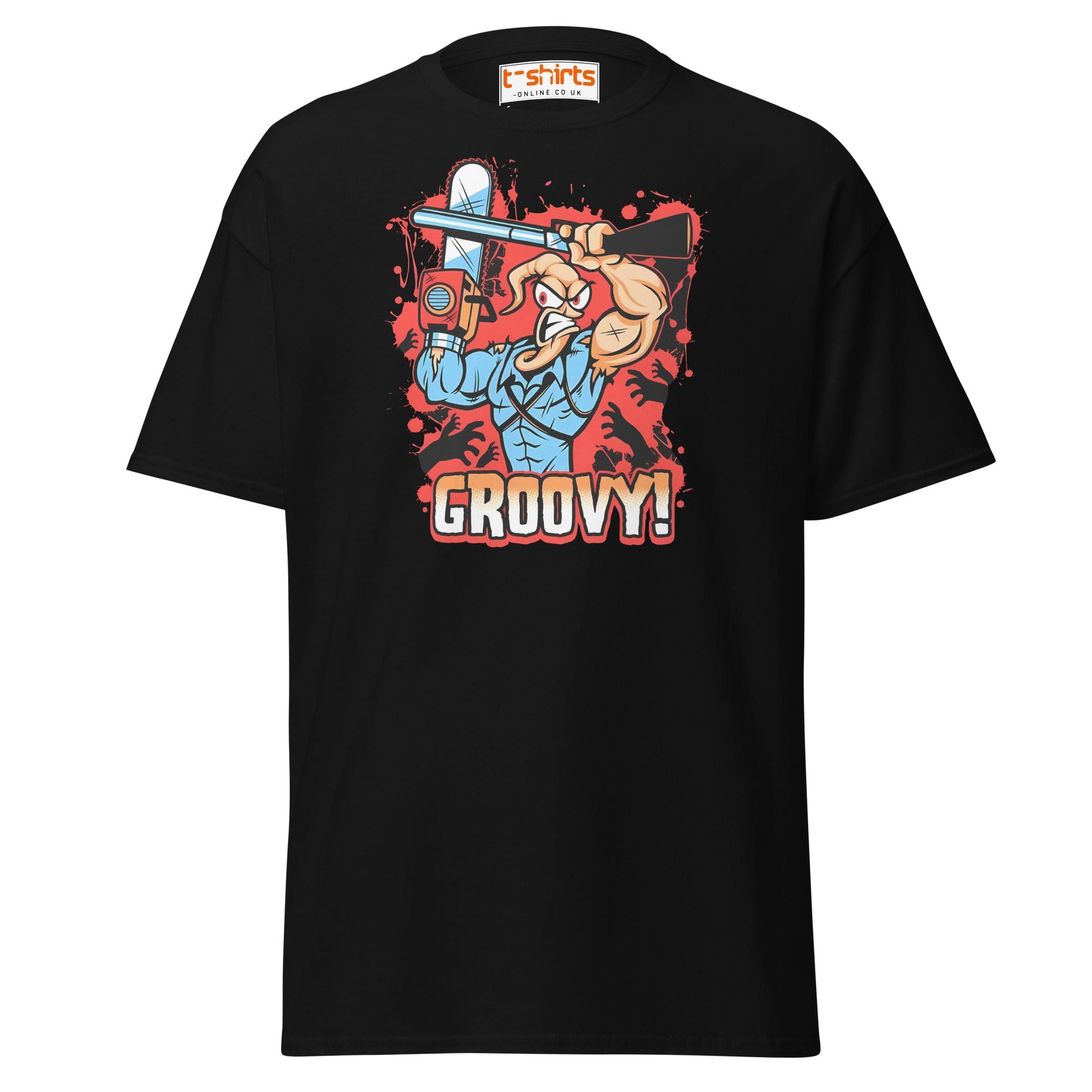 Groovy Chainsaw Hero T-Shirt | Retro Gaming Tee - Black - T-Shirts Online