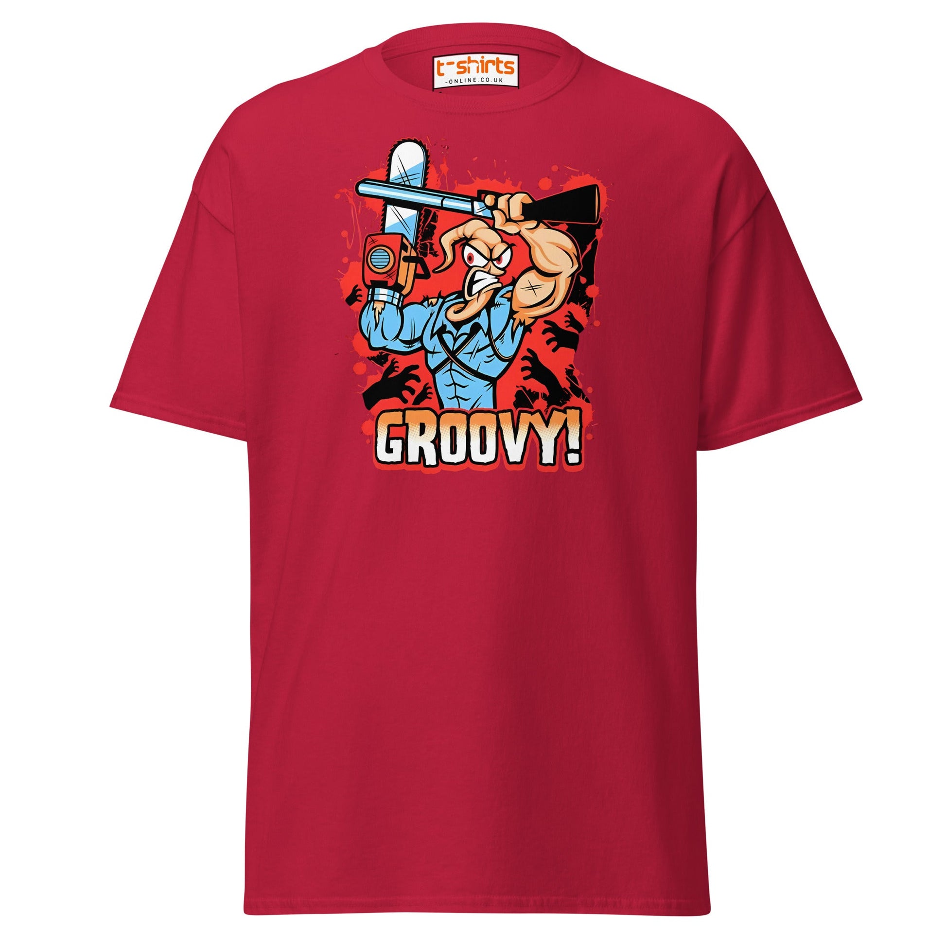 Groovy Chainsaw Hero T-Shirt | Retro Gaming Tee - Cardinal - T-Shirts Online