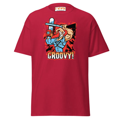 Groovy Chainsaw Hero T-Shirt | Retro Gaming Tee - Cardinal - T-Shirts Online