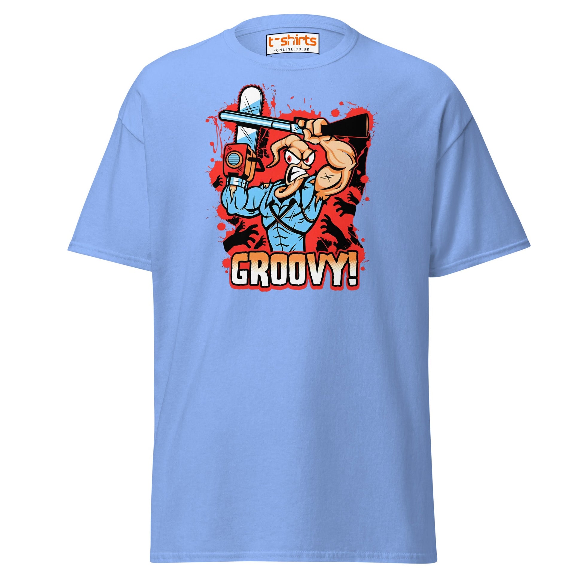 Groovy Chainsaw Hero T-Shirt | Retro Gaming Tee - Carolina Blue - T-Shirts Online