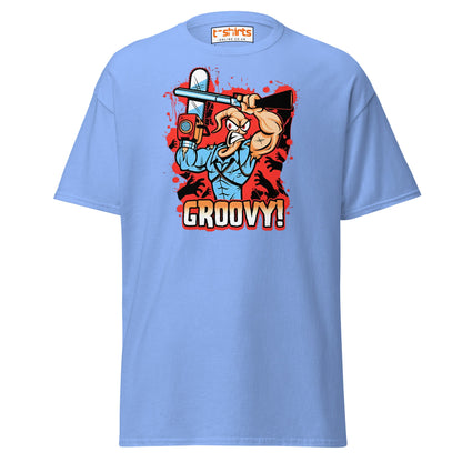 Groovy Chainsaw Hero T-Shirt | Retro Gaming Tee - Carolina Blue - T-Shirts Online
