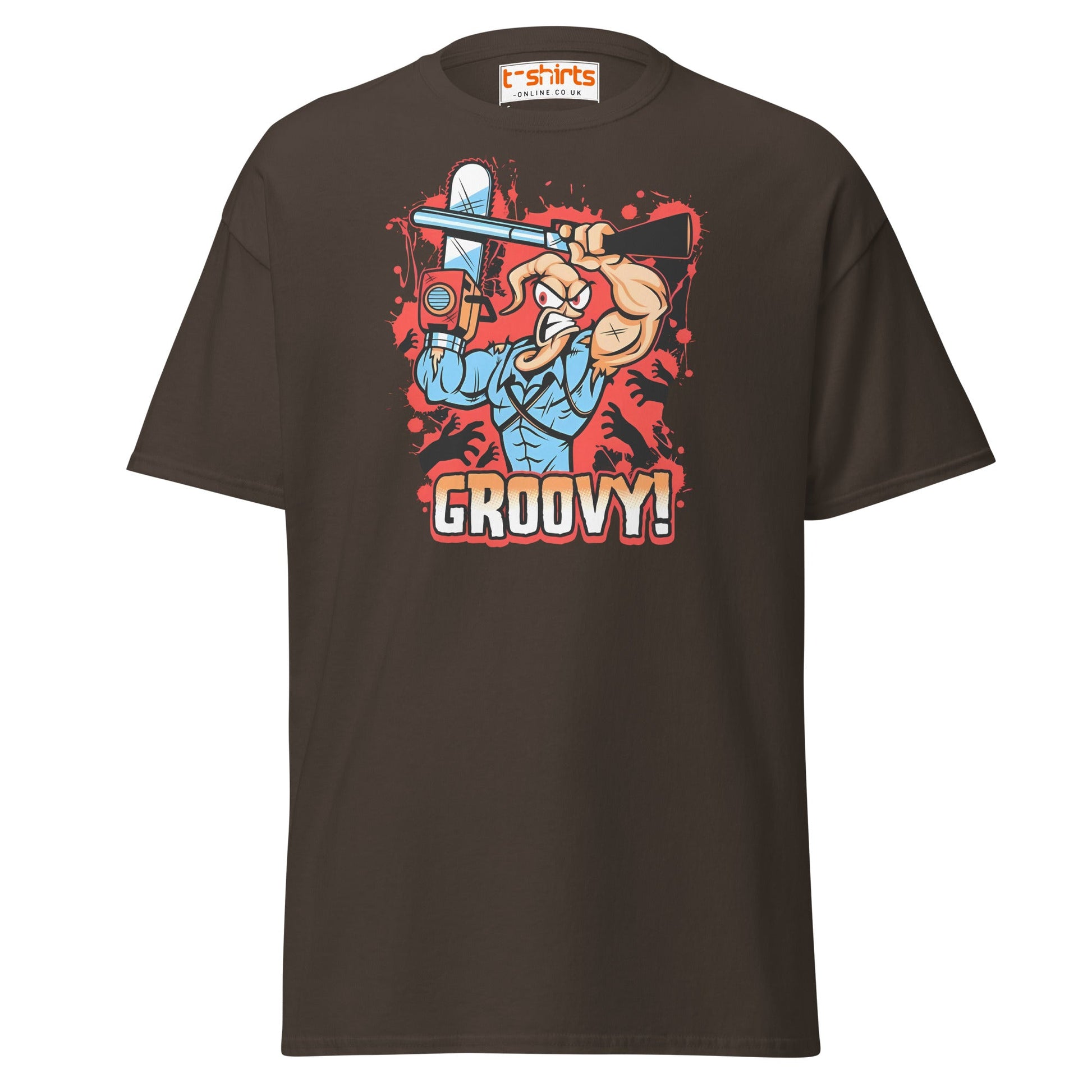 Groovy Chainsaw Hero T-Shirt | Retro Gaming Tee - Dark Chocolate - T-Shirts Online