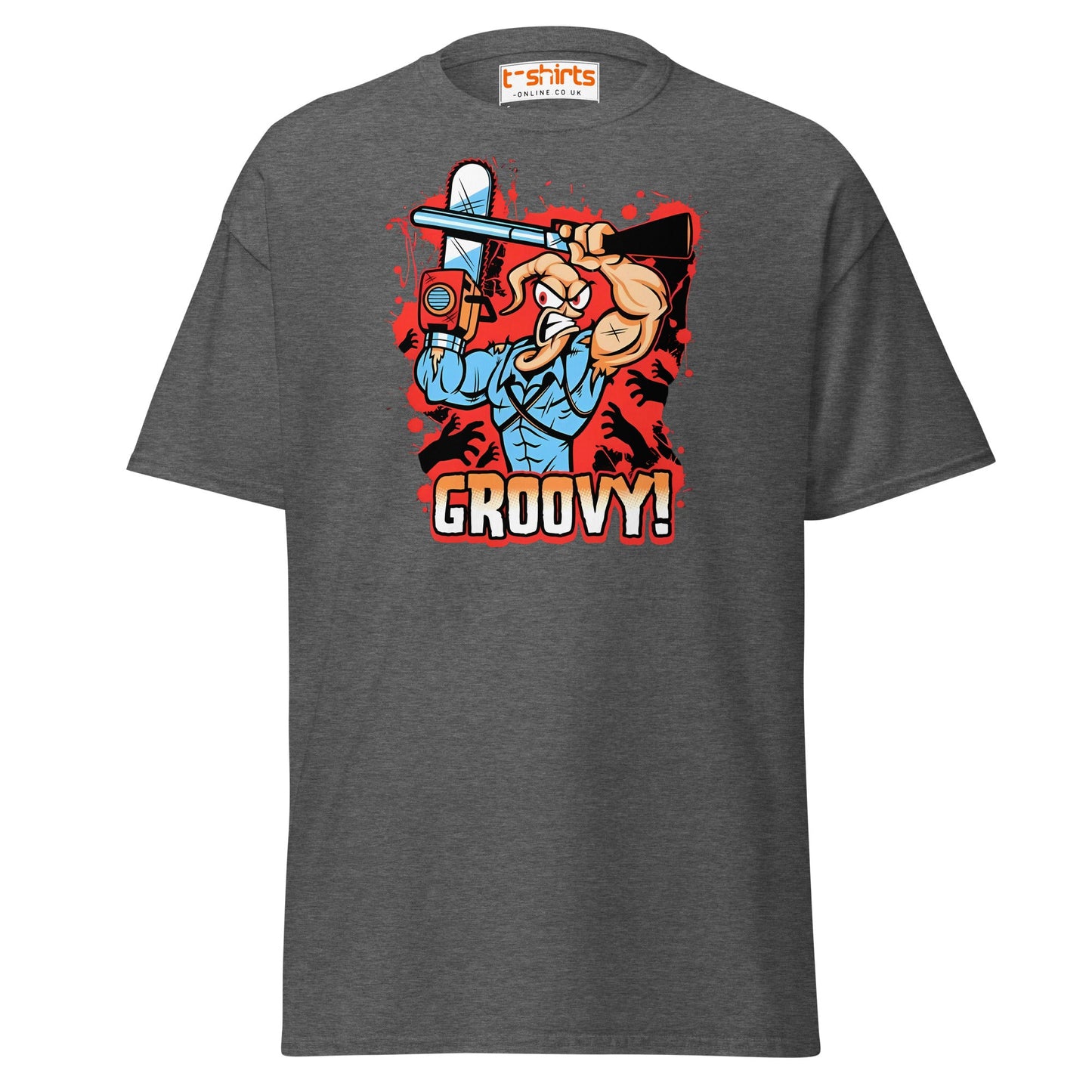 Groovy Chainsaw Hero T-Shirt | Retro Gaming Tee - Dark Heather - T-Shirts Online