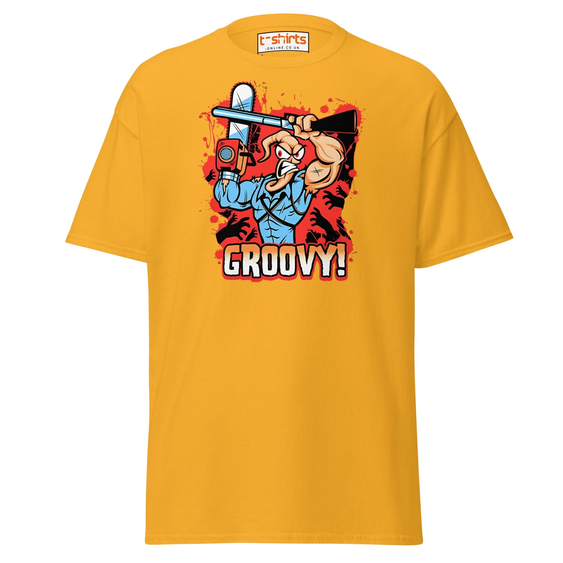 Groovy Chainsaw Hero T-Shirt | Retro Gaming Tee - Gold - T-Shirts Online