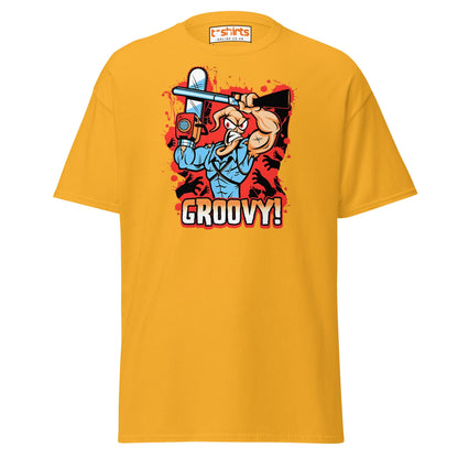 Groovy Chainsaw Hero T-Shirt | Retro Gaming Tee - Gold - T-Shirts Online